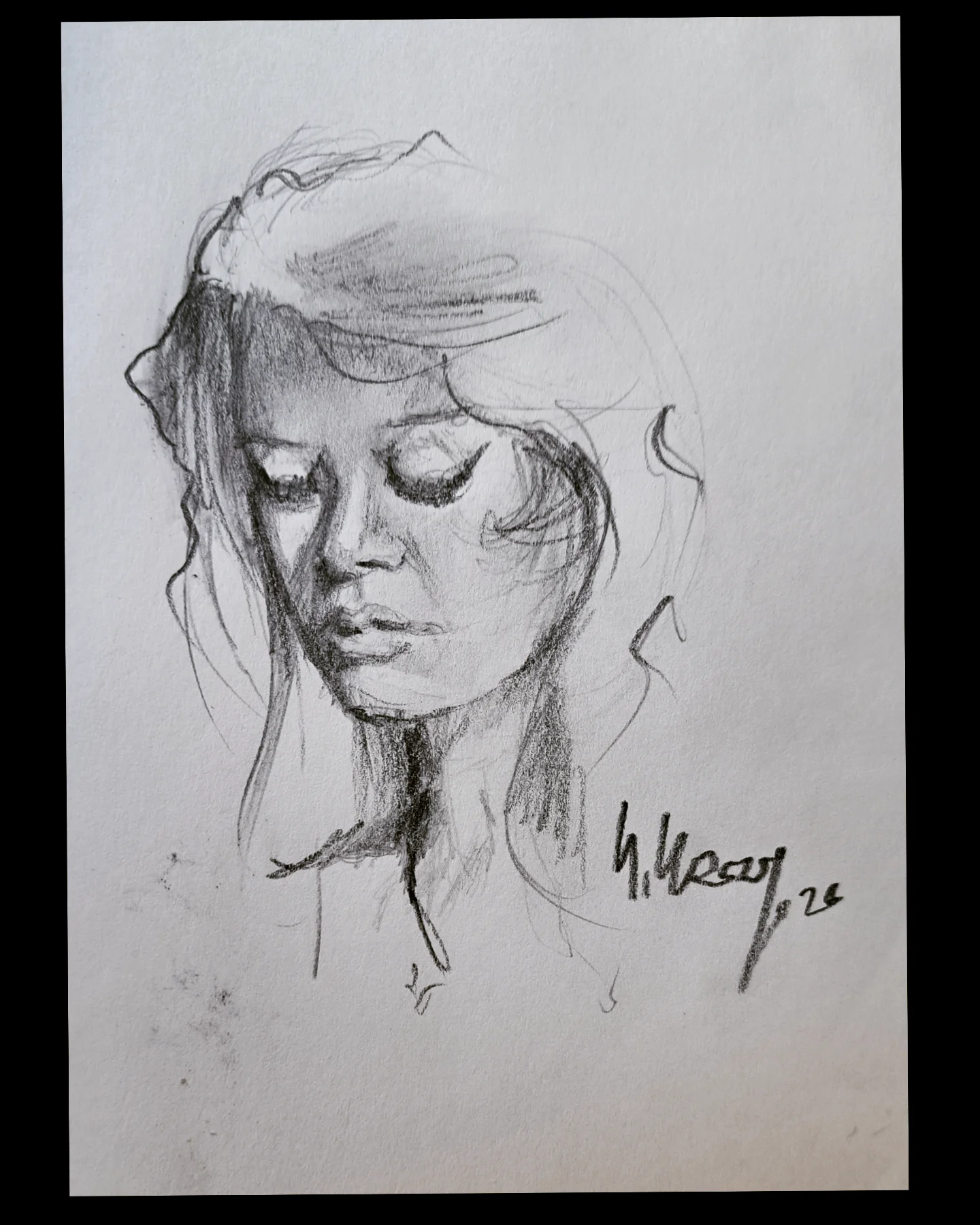June Portrait — charcoal on paper, Ölçü bilgisi yakında, 2026