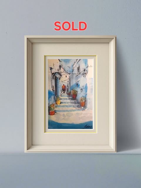 Merdivenli Sokak — kâğıt üzerine suluboya, çerçeveli, 18 × 13 cm, 2026