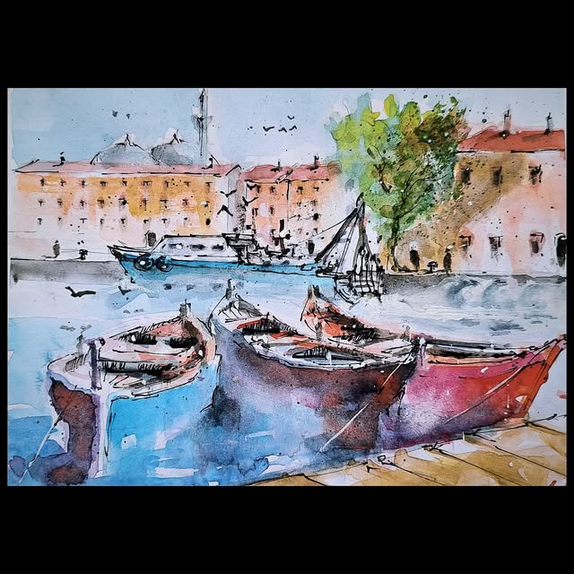 Bağlı Tekneler — kâğıt üzerine suluboya, 38 × 27 cm, 2026